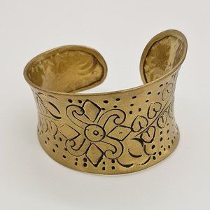 Brass Tone Hand Carved Floral Cuff Bracelet